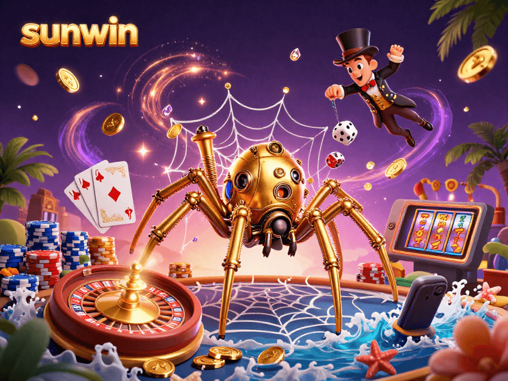 Catch the excitement with sunwin's golden spider and fly gentleman in a vibrant casino scene.