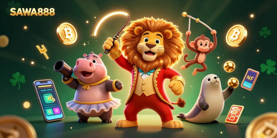 Experience the excitement of SAWA888, a vibrant casino scene with animated characters and crypto elements.
