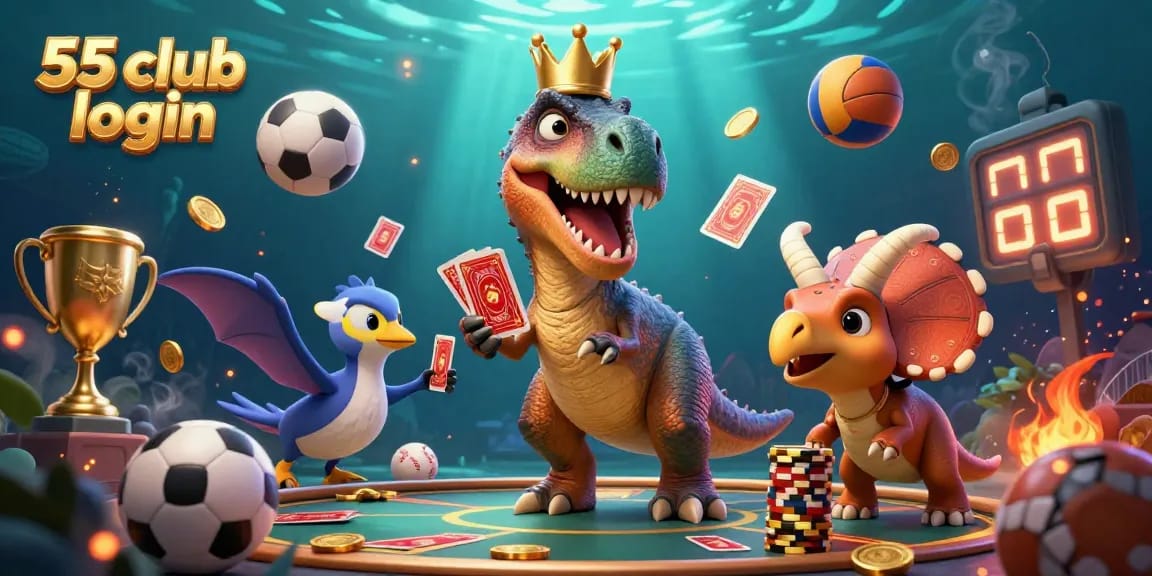 Engage in the 55 club login with a vibrant 3D illustration of a T-Rex shuffling cards in a casino setting.