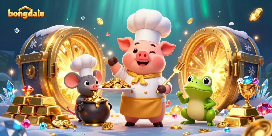 Experience bongdalu with a chef pig serving gold coins amid a vibrant treasure scene.