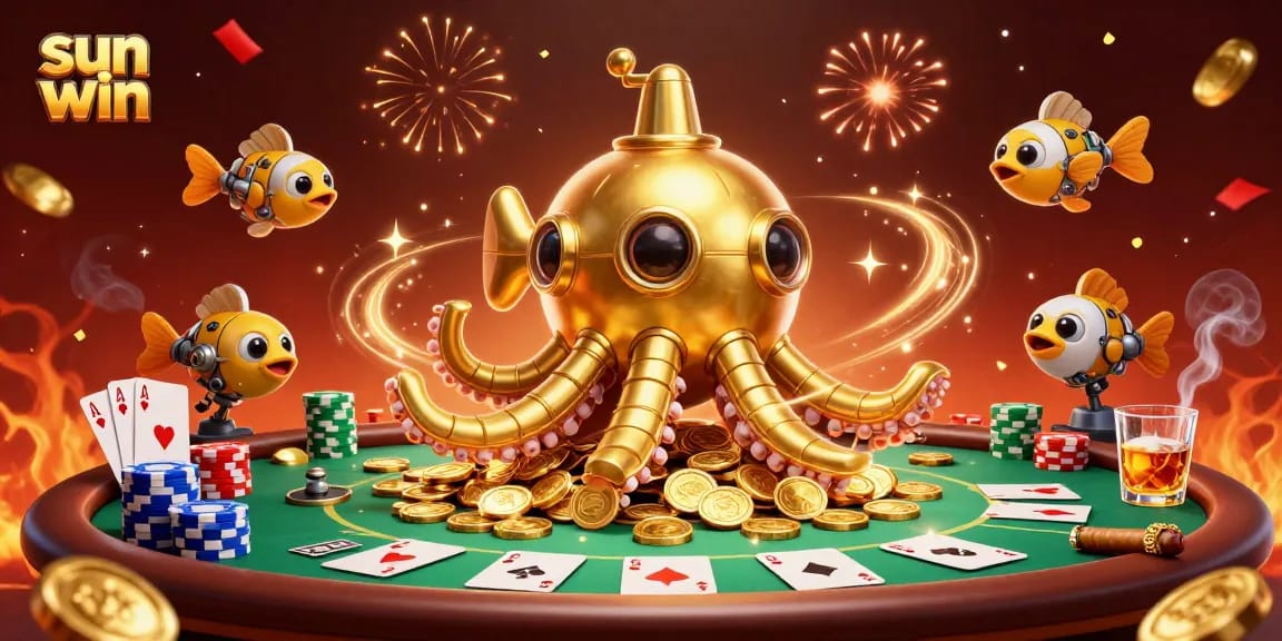 Join the action at sun win's vibrant casino scene, showcasing golden kraken and poker excitement.