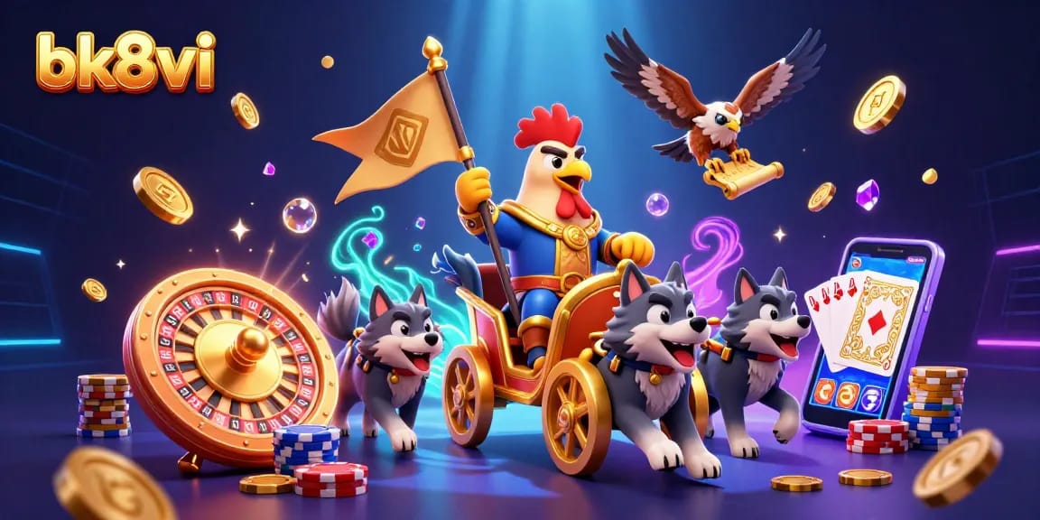 Experience thrilling jackpots at bk8vi with a vibrant 3D casino scene showcasing dynamic gaming elements.