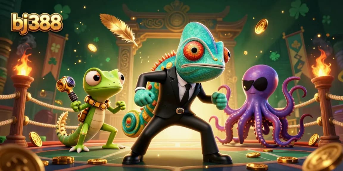 Experience thrilling bets with bj388 in a vibrant 3D illustration featuring dynamic casino characters.