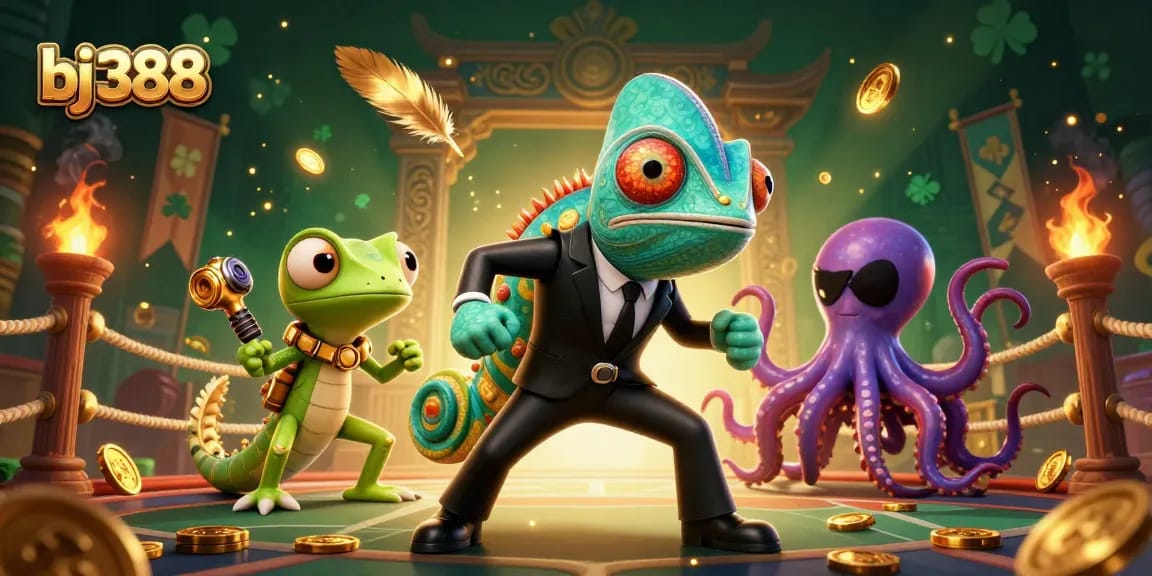 Experience thrilling bets with bj388 in a vibrant 3D illustration featuring dynamic casino characters.