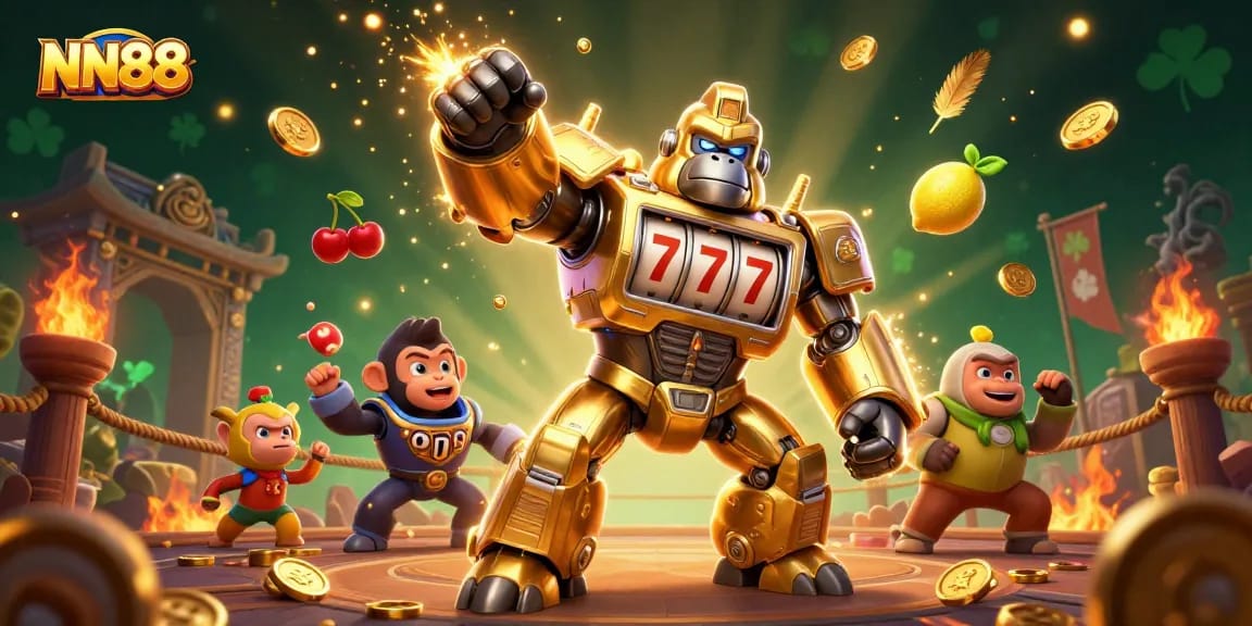 Experience thrilling wins at NN88 with a dynamic golden gorilla mech and vibrant slot game elements.