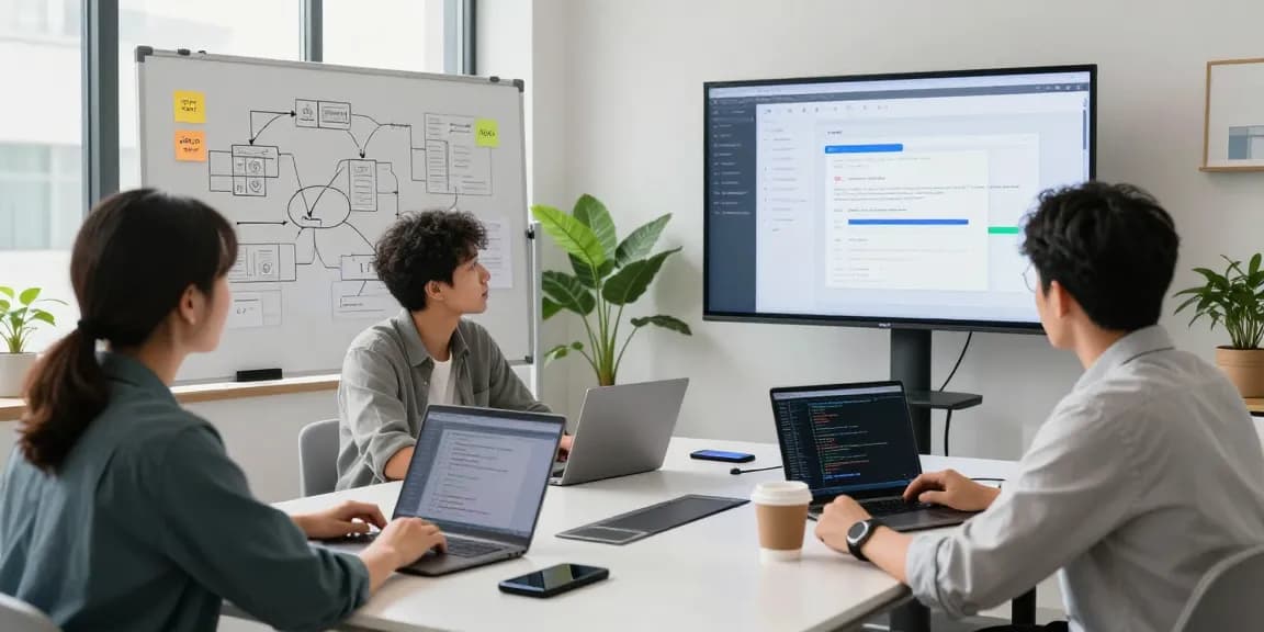 Collaborative team discussing how to build internal tools with AI in a modern workspace.
