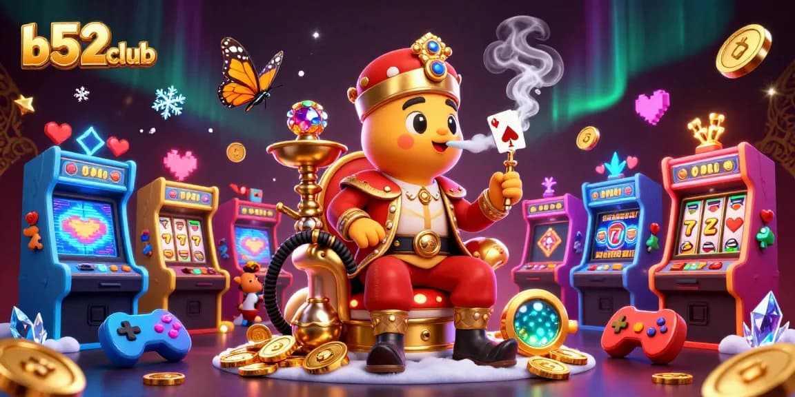 Win big with b52club, featuring a master caterpillar and vibrant casino games in a stunning 3D illustration.