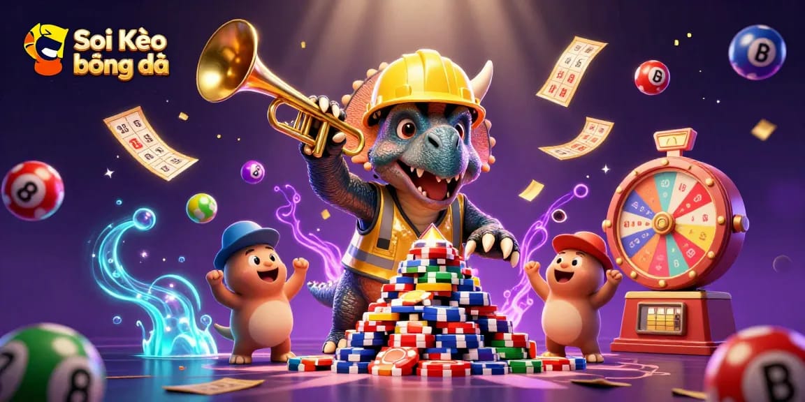Soi Kèo bóng đá lively scene with dynamic animals building poker chip pyramid amidst colorful lottery elements