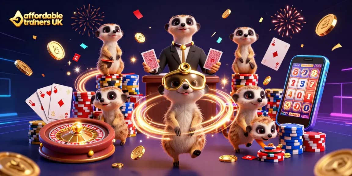Action-packed casino scene featuring meerkats involved in gambling activities, showcasing affordable trainers UK.