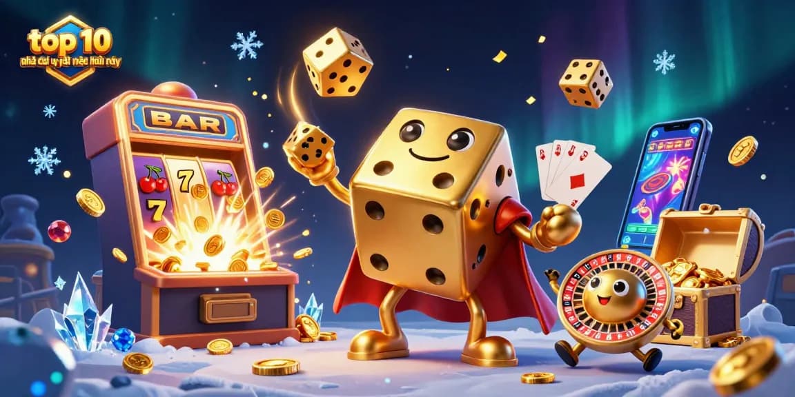 Showcasing top 10 nhà cái uy tín nhất hiện nay with lively dice characters amid casino excitement.