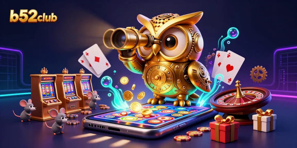 Win big at b52club with a dynamic casino scene featuring animated characters and vibrant game elements.