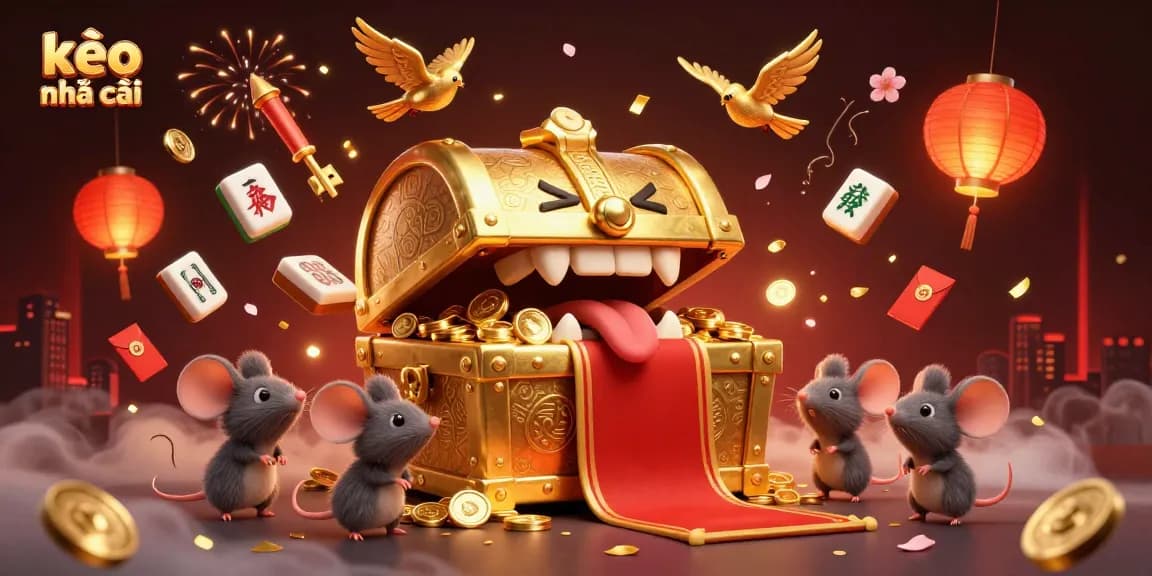 Engage with the dynamic kèo nhà cái scene featuring adventurous mice and treasure amidst vibrant gambling symbols.