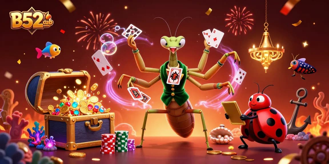 Experience dynamic gaming with B52club as the giant praying mantis deals cards amidst vibrant casino treasures.