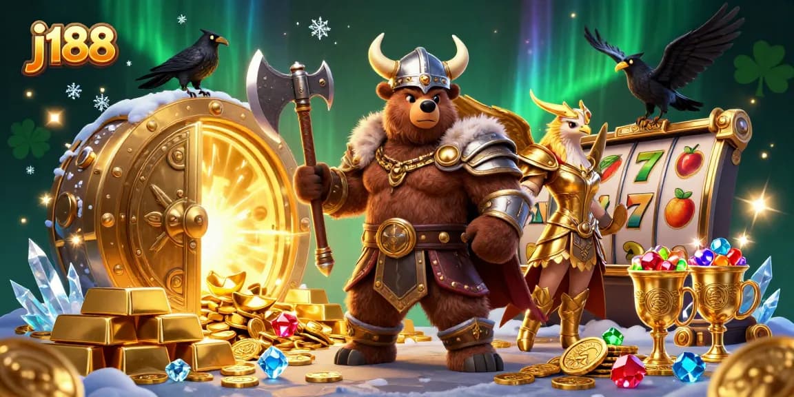 Experience the thrill of j188 with a vibrant Viking-themed casino scene filled with treasures and adventure.