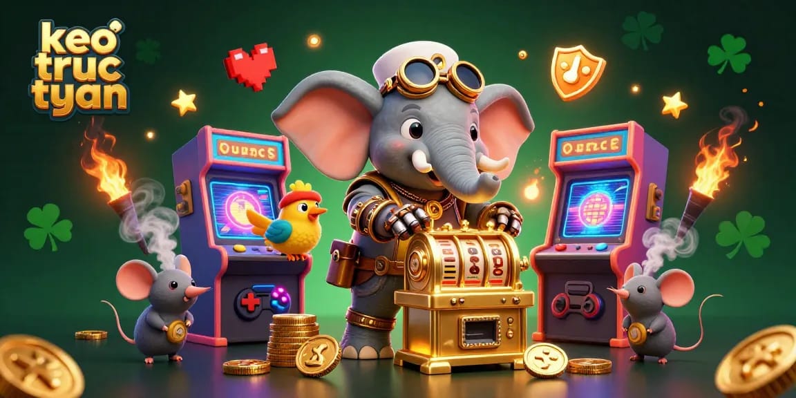Spin the golden slot machine with keo truc tuyen in a vibrant steampunk casino scene full of colorful arcade elements.