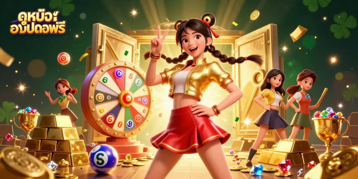 Spin to win with ดูหนังออนไลน์ฟรี and vibrant 3D treasure-filled illustration showcasing engaging casino features.