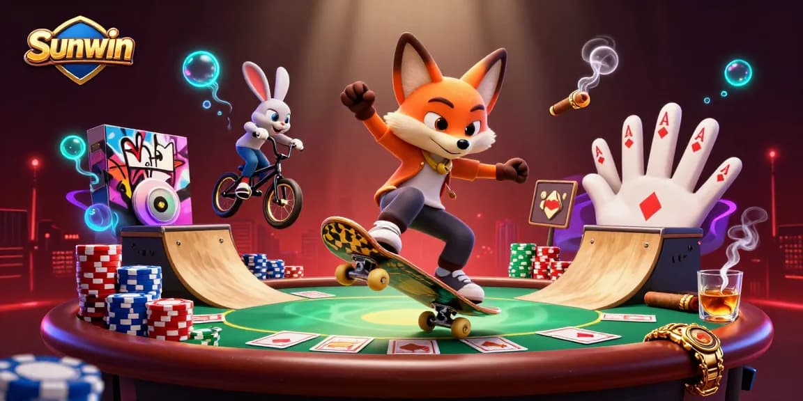 Experience thrilling gameplay at Sunwin with a dynamic 3D casino scene featuring a skateboarder fox.