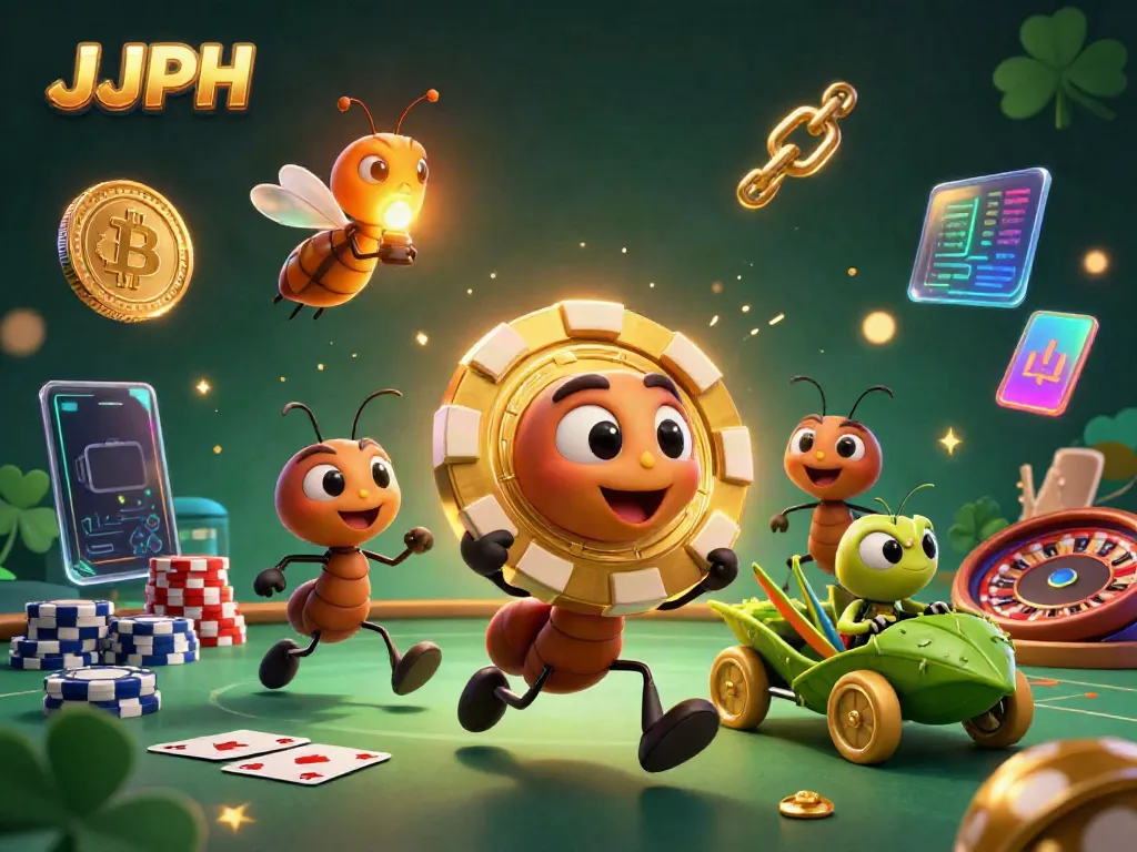 Ants heisting a giant poker chip and escaping with crypto coins at JJJPH casino.