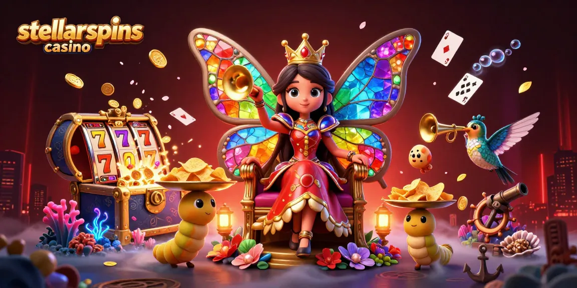Experience stellarspins casino with vibrant floating slot reels and animated treasures in a dynamic casino illustration.