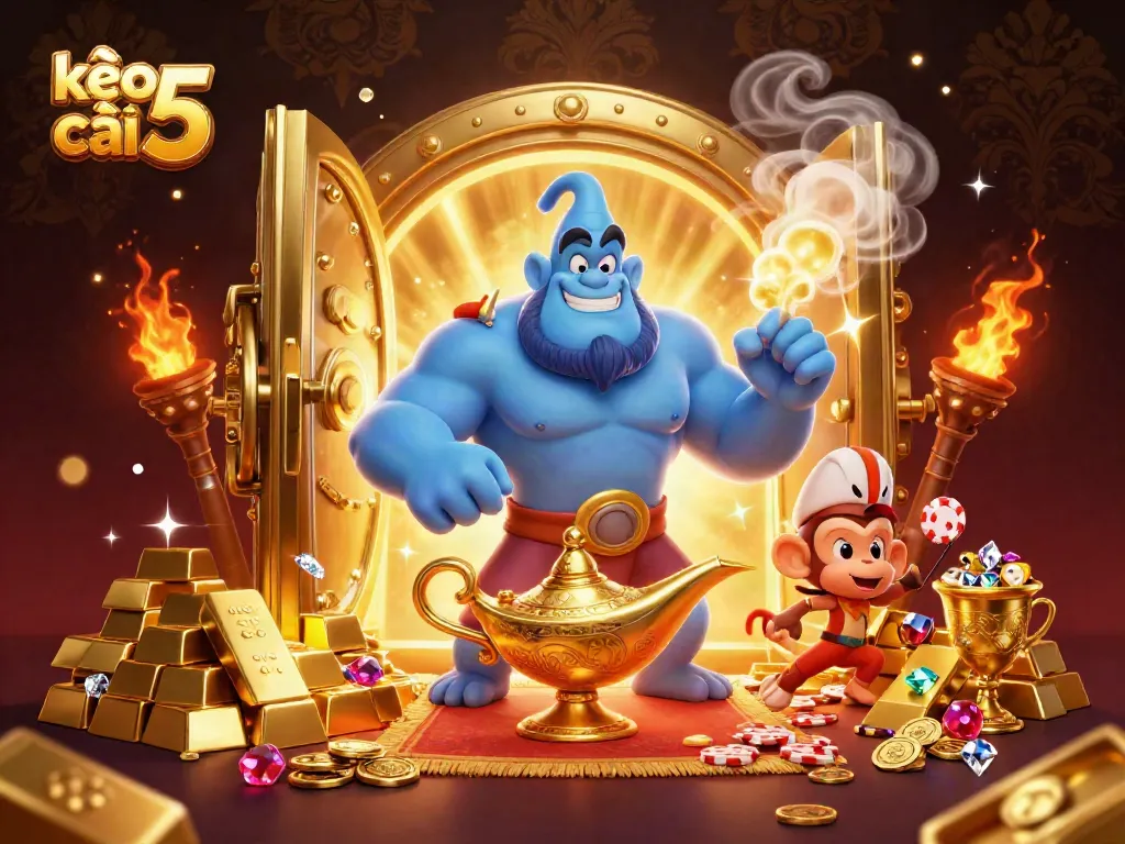 Explore kèo nhà cái 5 insights with a rich 3D scene of a genie and treasure.