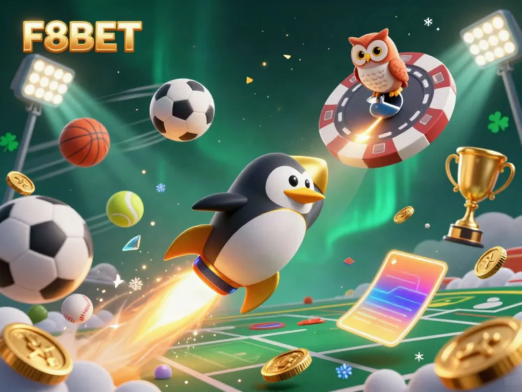 Experience the excitement of F8BET with a vibrant 3D scene featuring a golden penguin and lively casino elements.