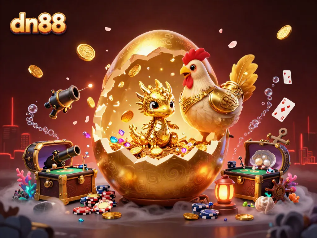 Experience thrilling action at dn88 with a vibrant 3D scene featuring a golden dragon and poker chips.
