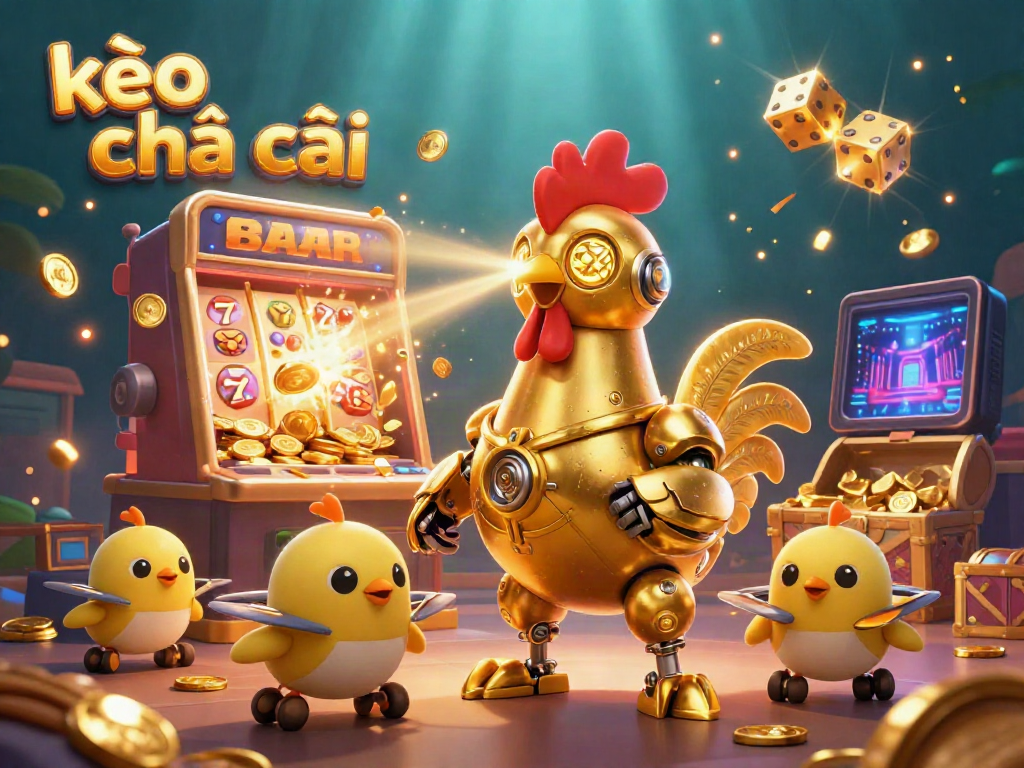 Engage with kèo nhà cái in a vibrant casino experience featuring a robotic rooster and baby drones amidst golden jackpot excitement.