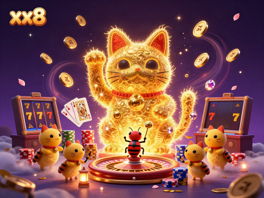 Witness the captivating xx8 casino scene featuring a dynamic lucky cat and conductor beetle amid enchanting elements.