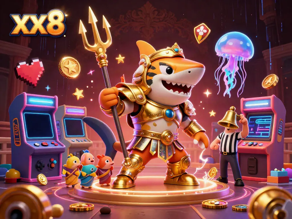 Experience the adventure of xx8 with an epic underwater casino scene featuring a tiger shark and arcade-style game elements.