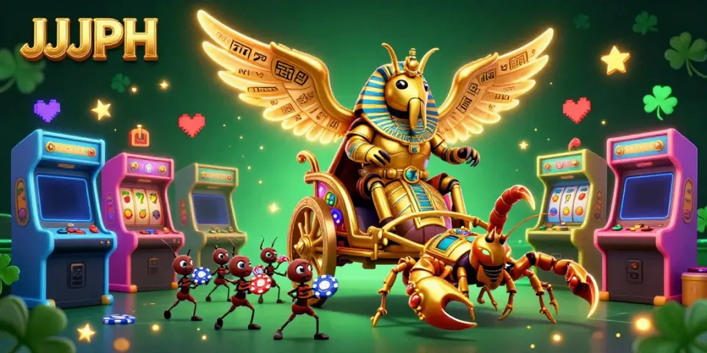 Experience thrilling action at JJJPH casino with an epic scene featuring a golden scarab beetle, scorpions, and poker chips.