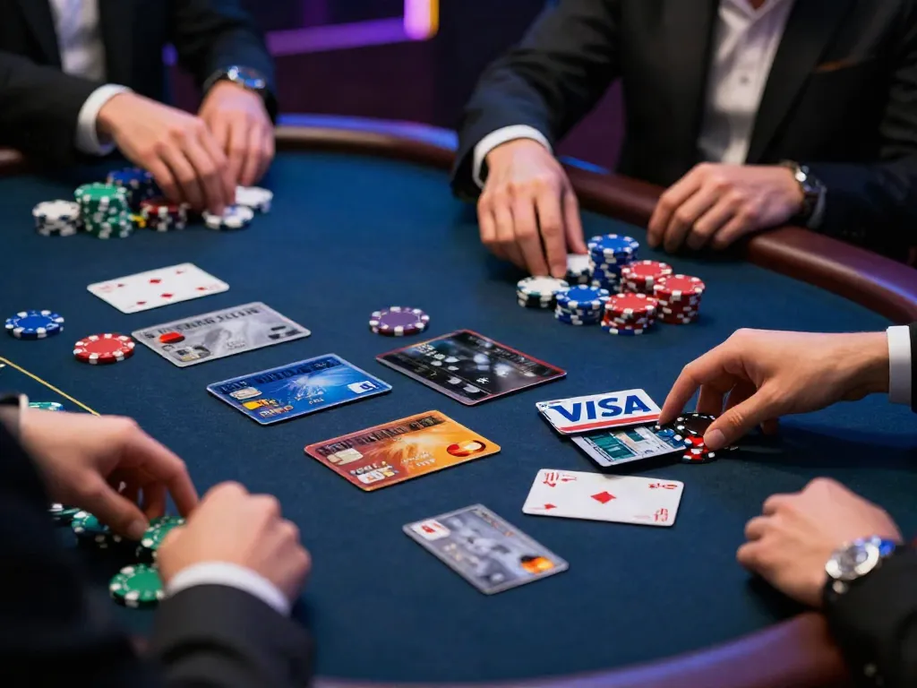 Credit card casino scene with players enjoying a game at a stylish table, highlighting Visa and Mastercard use.