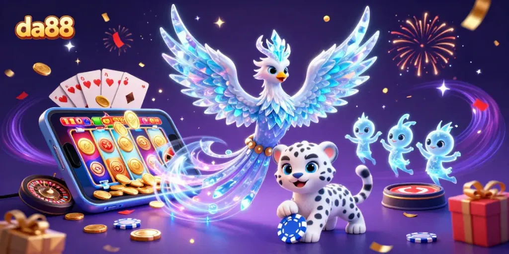 da88 offers exciting gambling with a dazzling illustration of an ice phoenix, slot games, and golden coins.