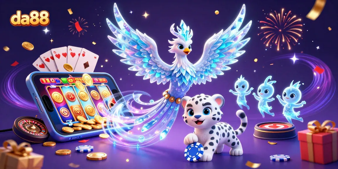 da88 offers exciting gambling with a dazzling illustration of an ice phoenix, slot games, and golden coins.