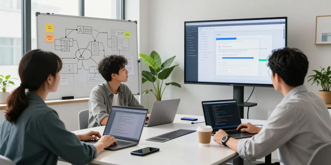 Collaborative team discussing how to build internal tools with AI in a modern workspace.