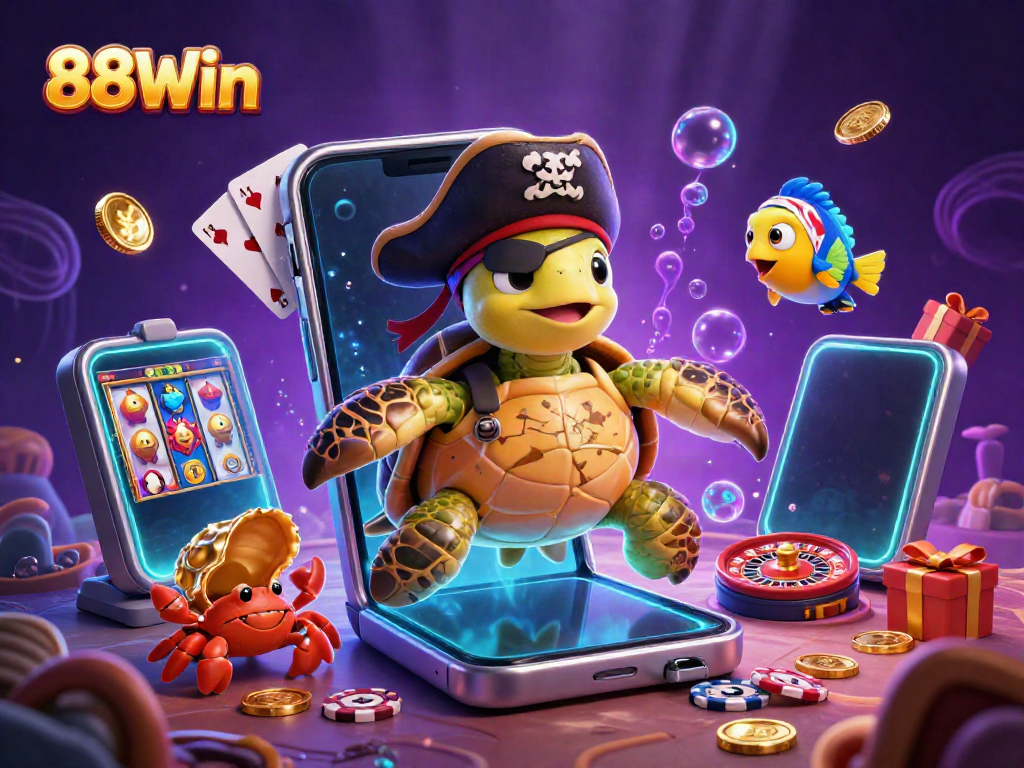 Experience the vibrant world of 88Win with a cartoon pirate turtle and gambling elements in action.