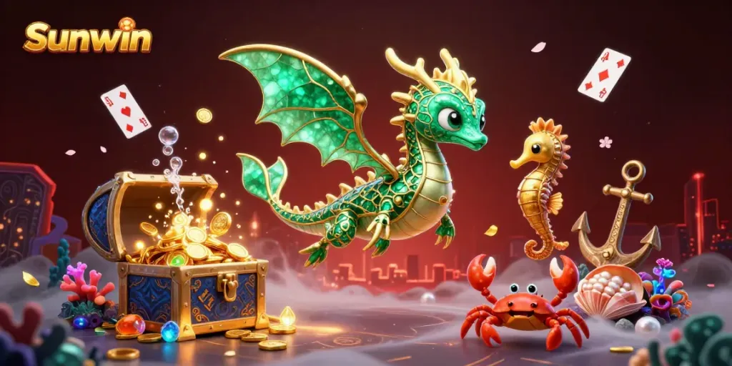 Sunwin highlights intense gaming action with a majestic emerald sea dragon amidst treasure in an online casino realm.