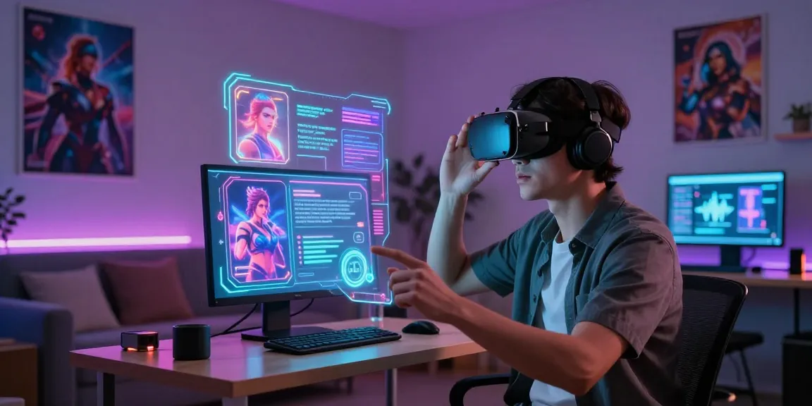 Engaging with an AI NSFW avatar in a dynamic virtual environment with colorful holographic displays.