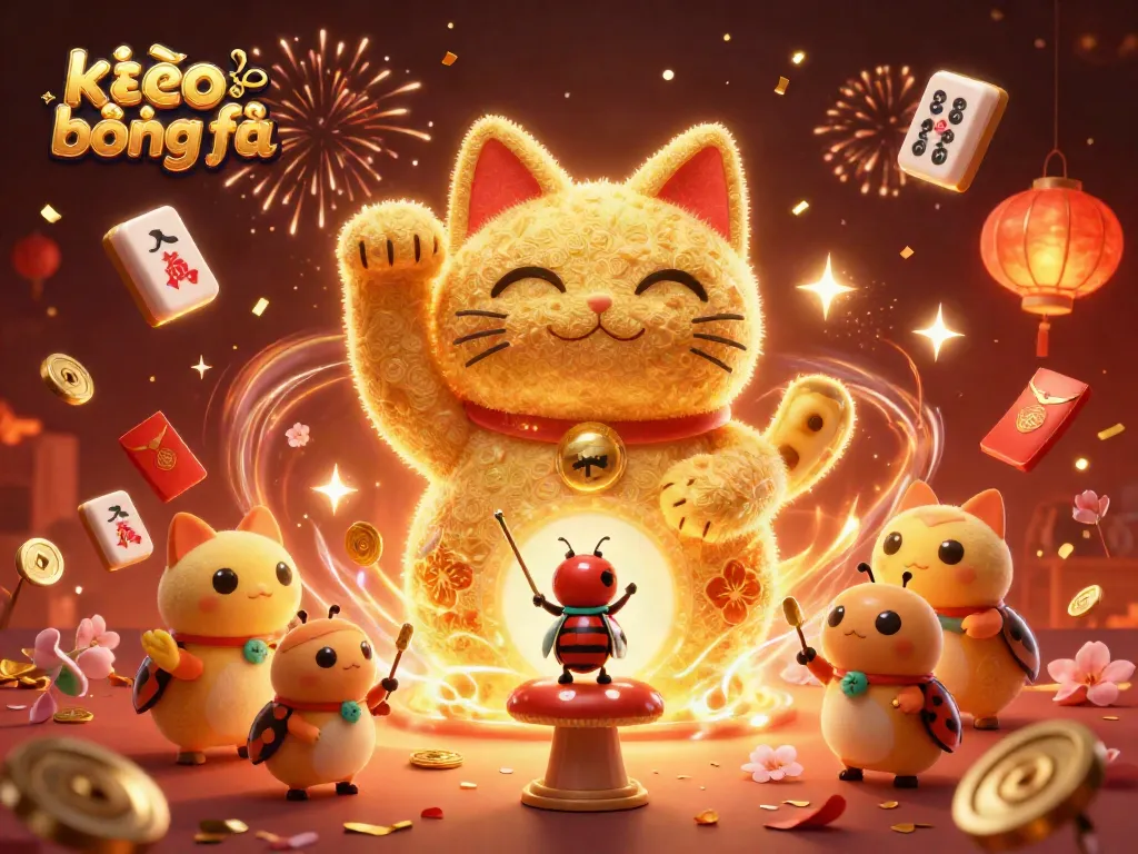 Engage in kèo bóng đá with a vibrant scene of a lucky cat formed by fireflies, surrounded by festive casino symbols.