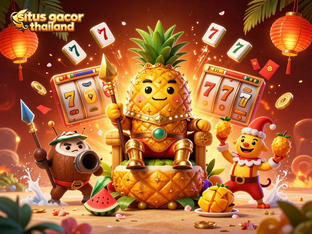 Engage with situs gacor thailand featuring vibrant cartoon characters and slot elements in a lively casino scene.