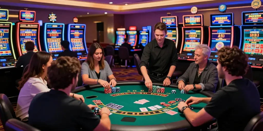 Dynamic gaming scene at a non Gamstop casino filled with players and colorful machines.