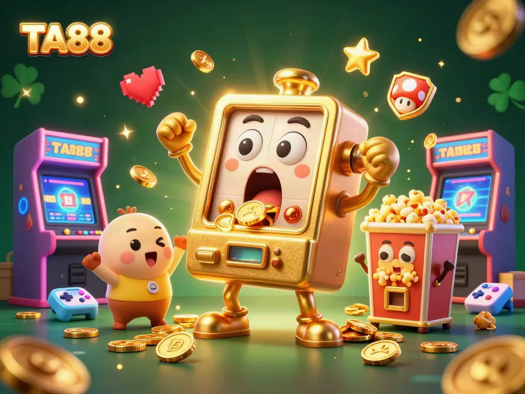 TA88's golden slot machine celebrating a jackpot with coins overflowing, set in a vibrant casino scene.