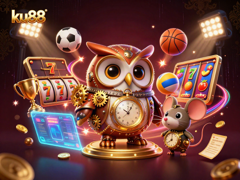 Experience the excitement at ku88 with vibrant 3D casino elements featuring owl and clockwork mouse.