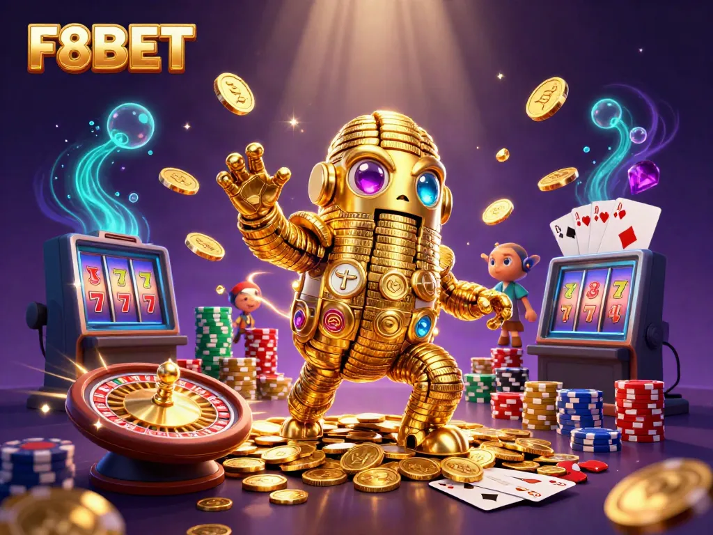 Spin into adventure at F8BET with a golden golem surrounded by exciting casino elements.
