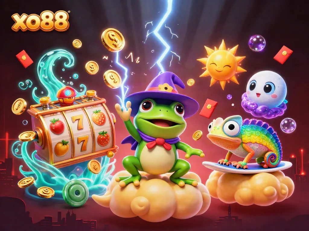 Experience the excitement of xo88 with a vibrant scene of fortune and magic, showcasing a wizard frog and rainbow chameleon.