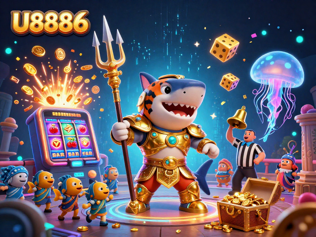 "U8886 slot excitement with a tiger shark in gladiator armor amidst a jackpot explosion."