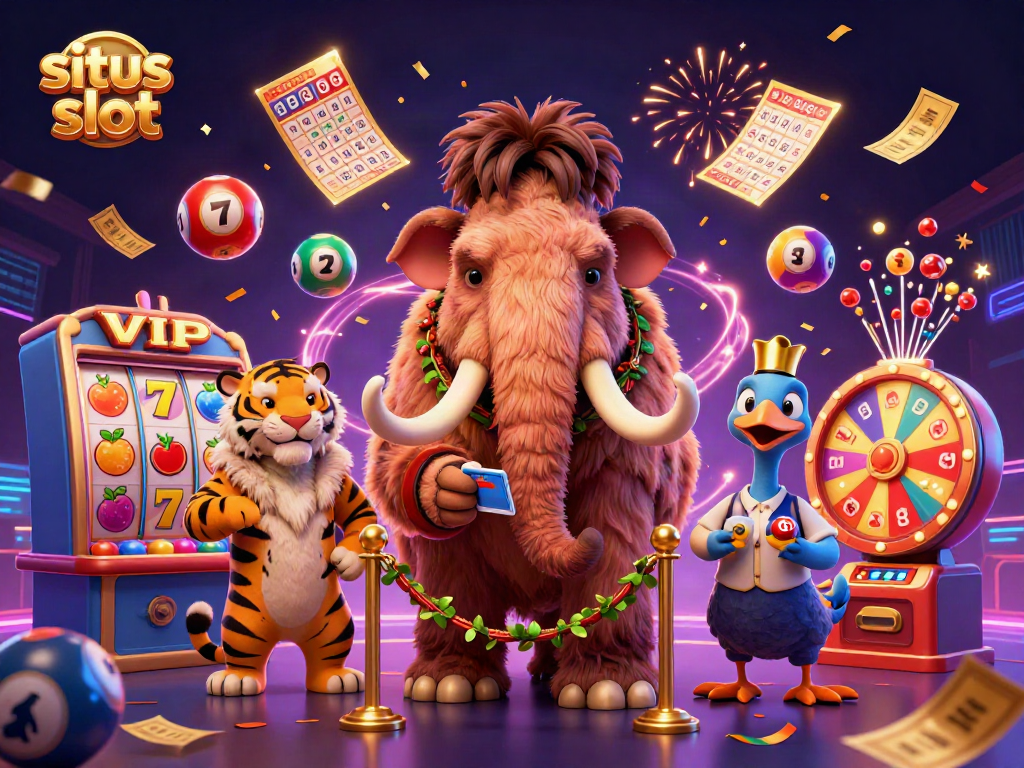 Play at situs slot with vibrant characters, including a mammoth bouncer, dynamic game elements, and exciting visuals.