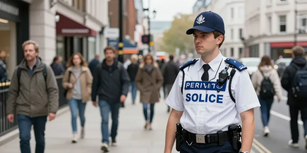 Security guard ensuring safety in a busy London street, trusted local service.