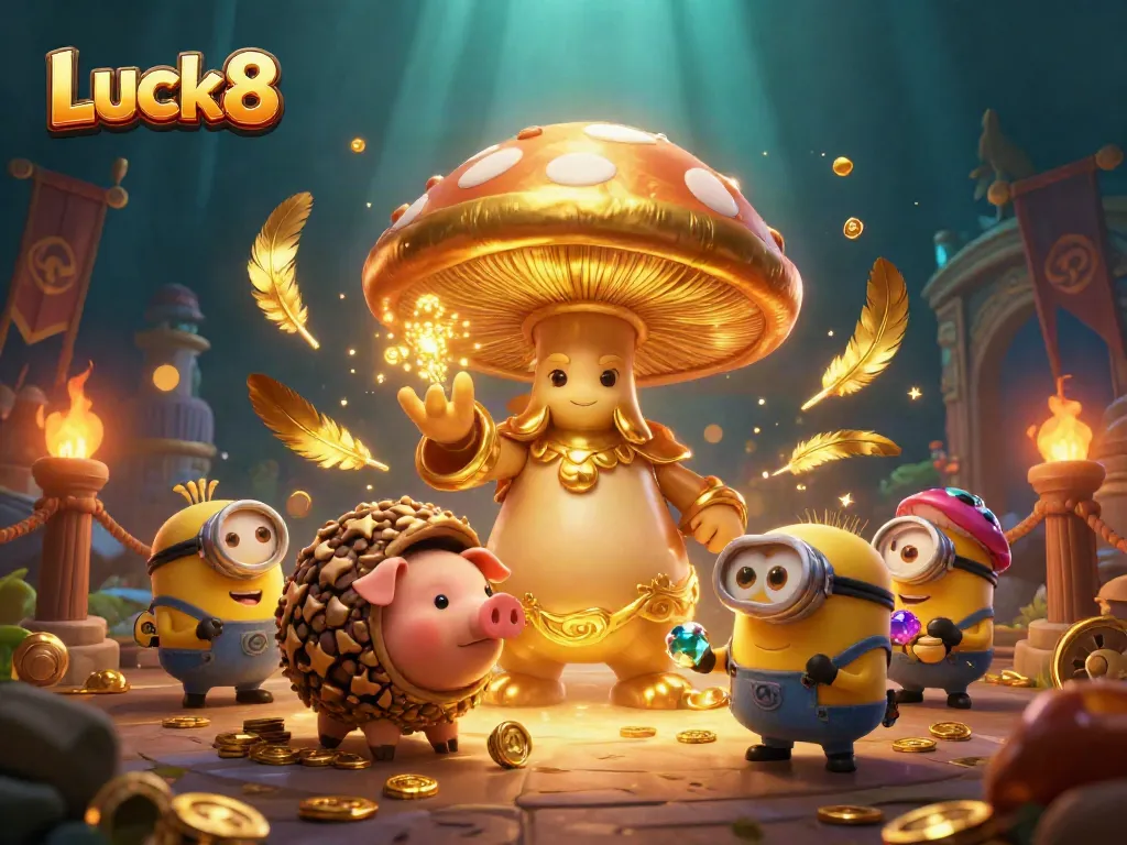 Experience the magic of Luck8 with a golden wizard and treasures in a vibrant casino scene.
