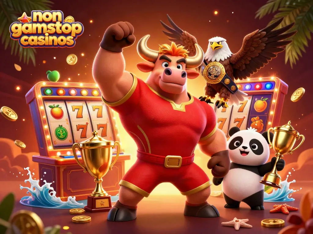 Engaging non gamstop casinos scene with a bull mascot and friends celebrating amid slots and dazzling lights.