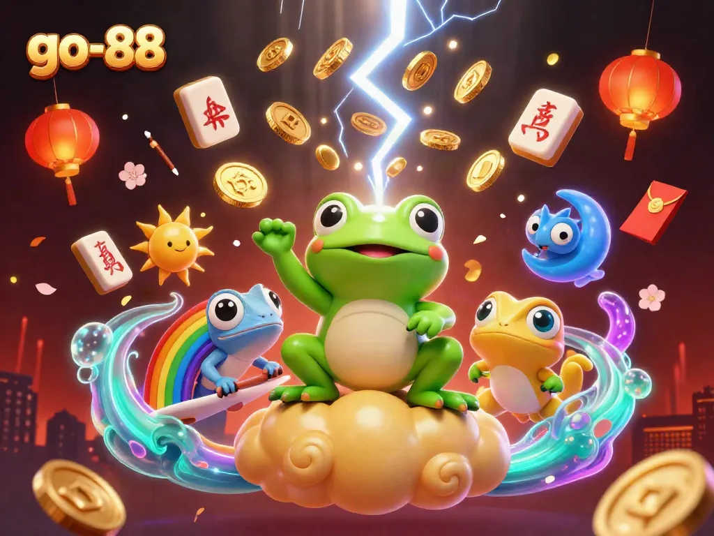 Experience go-88's vibrant gaming atmosphere with the wizard frog and rainbow chameleon in action.